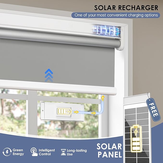 Motorized Roller Blinds with Remote Control & Solar Panel - 100% Blackout Smart Blinds, Automatic, Cordless, Electric Shades - Compatible with Alexa - Grey, 48" W x 72" H