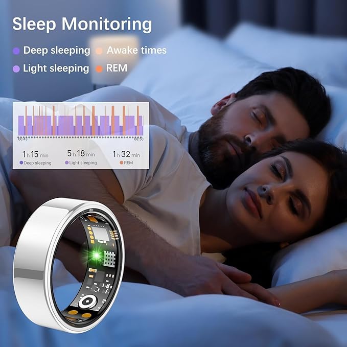 Smart Health Ring for Women Men, Fitness Tracker Ring with Heart Rate, Blood Oxygen, Sleep Tracker, Step Tracker, No Subscription Fee, IP68 Waterproof Smart Ring for iPhone & Android (Silver, 9#)