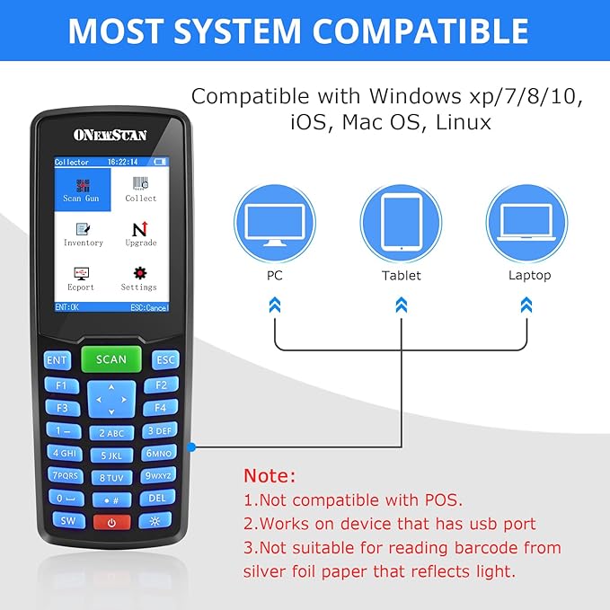 Inventory Scanner, Wireless Barcode Scanner Portable 1D Handheld Bar Code Scanners for Collector Data Terminal Inventory Device 2.8" LCD Screen Barcode Reader for Warehouse, Library, Store