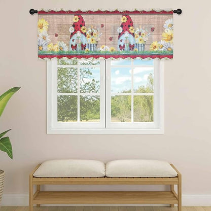 Ladybug Gnome Sheer Valance Curtains, Country Summer Rustic White Yellow Daisy - Image 4