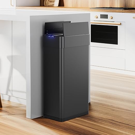 TLSUNNY 18.5 Gallon Automatic Trash Can, Stainless Steel Motion Sensor Garbage bin, Smart Trash Can W/Butterfly Lid, Bag Retainer Ring and Display Light for Living Room,Kitchen,Office (Black, 70L)