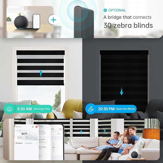 Motorized Zebra Blinds, Solar Powered Dual Layer Automatic Shades with Remote Control, Rechargeable Smart Blinds Horizontal Wireless Electric Shades for Windows, Custom Size, Black， 24 x 72