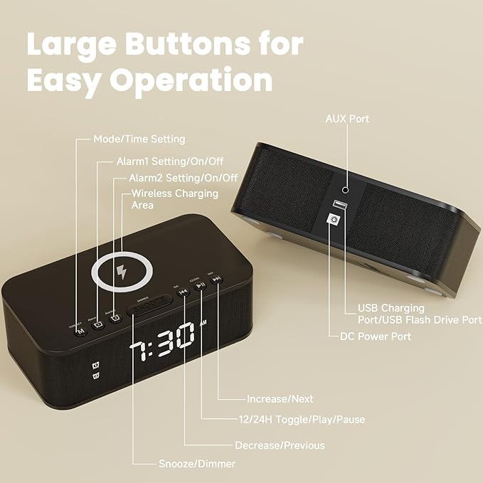 Fansbe Direct Digital Alarm Clock White Noise, Loud Digital Alarm Clocks Bedrooms, Alarm Clock Speaker Wireless Charger AUX USB Bluetooth Speaker 12/24H Dual Alarm Snooze Adjustable Brightness, Black