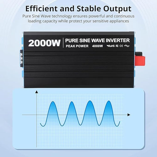 2000W Pure Sine Wave Inverter, 1 USB Port 5v/2.1a,LCD Display&Remote Controller for Home, RV, Truck