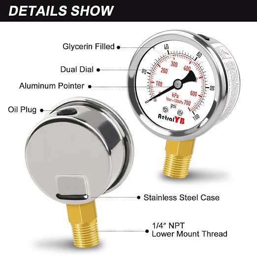 0-100 Psi 2-inch Pressure Gauge, Glycerin Filled, 1/4" NPT Lower Mount - Image 5