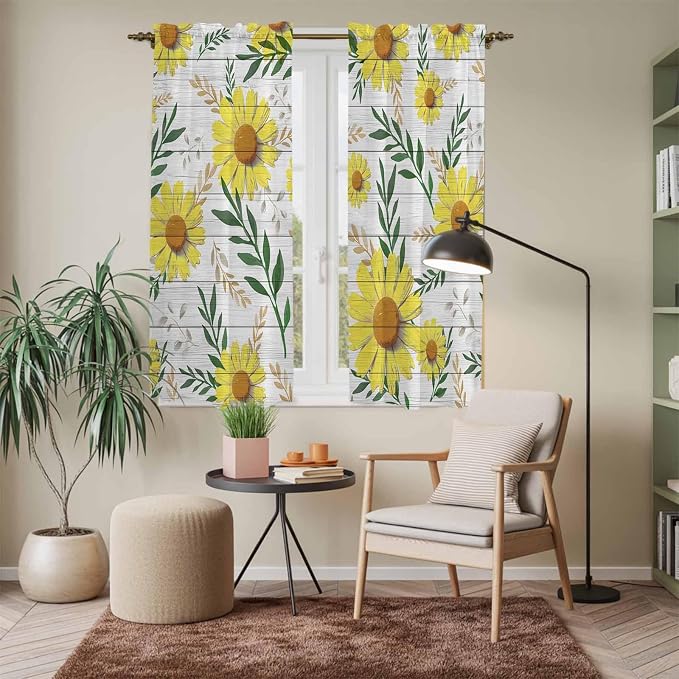Yellow Daisy Kitchen Curtains, Farmhouse Country Flower Leaf Plant Wood Grain - Image 7