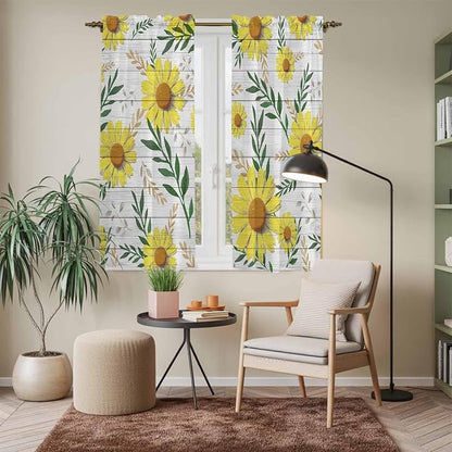 Yellow Daisy Kitchen Curtains, Farmhouse Country Flower Leaf Plant Wood Grain - Image 7
