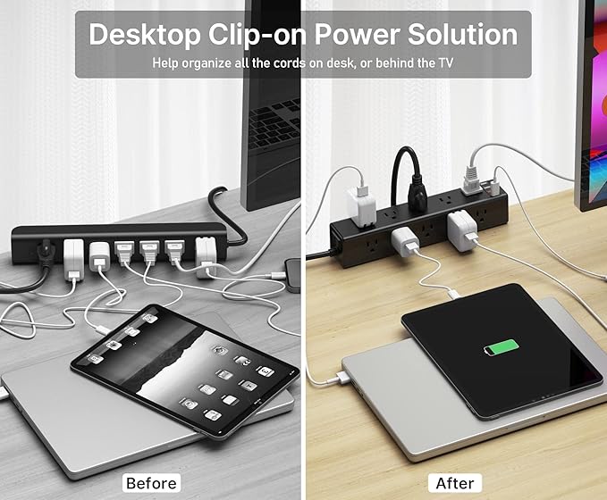 CCCEI Standing Desk Clamp Power Strip with 15 Outlets, Widely Spaced Desktop Edge Mount Surge Protector Outlet, Fast Charging USB-A and USB-C Ports, 10 FT Flat Plug, Fit 1.6 inch Table top. Black