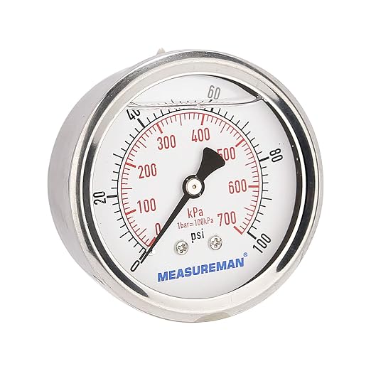 MEASUREMAN 2-1/2inch Dial Size, Glycerin Filled Pressure Gauge, 0-100psi/kpa by MEASUREMAN