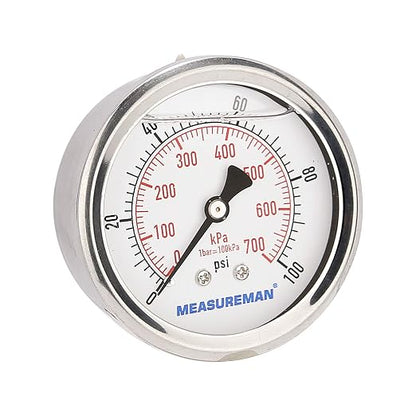 MEASUREMAN 2-1/2inch Dial Size, Glycerin Filled Pressure Gauge, 0-100psi/kpa by MEASUREMAN