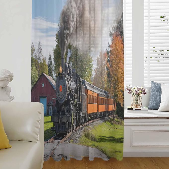 Steam Train Sheer Curtains 84 Inch Length Railroad Country Barn Rustic Trees by Unknown