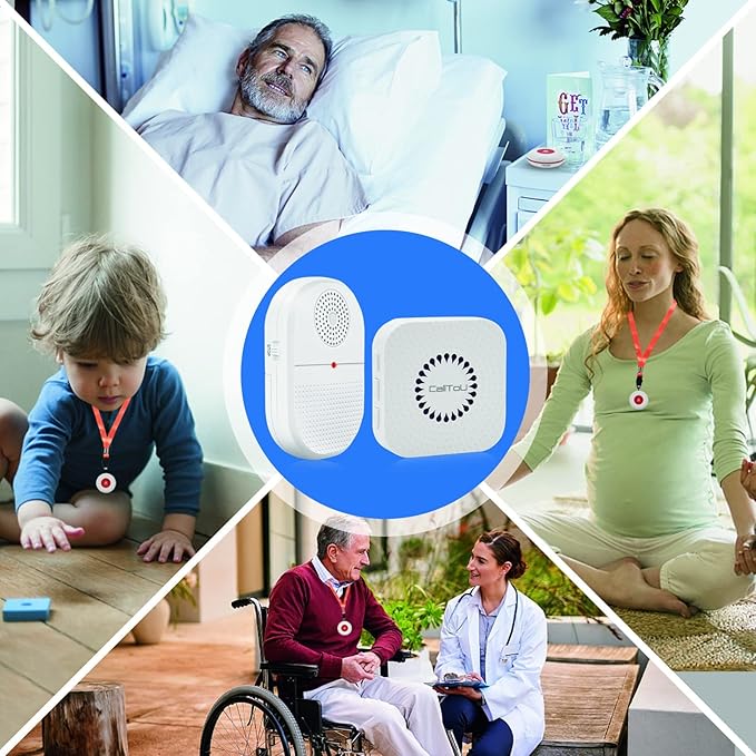 CallToU Wireless Caregiver Pager Call Button for Hard of Hearing Waterproof 500+ FT Nurse Alert System Elderly Monitoring Patient/Seniors 3 Panic Button 1 Plug-in 1 Vibration Receiver
