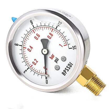 0-15 Psi Glycerin Liquid Filled Low Pressure Gauge, 2.5" Dial Size, 1/4" NPT by BPSSDI