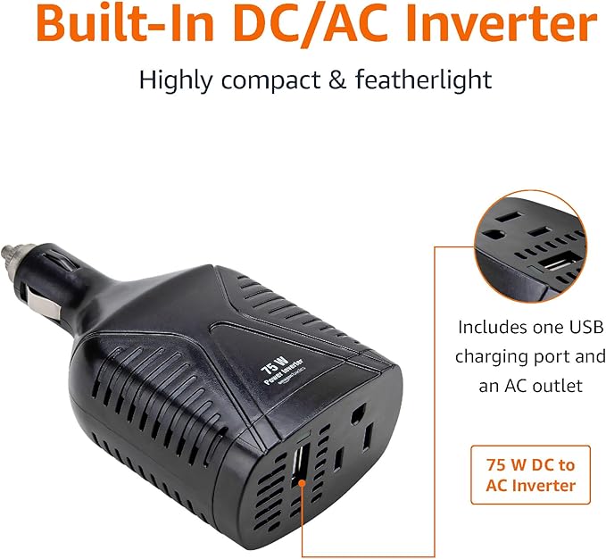 Amazon Basics 75W Car Power Inverter 12V to 110V for Vehicles, Black, 5.07 x 2.65 x 1.6 inches
