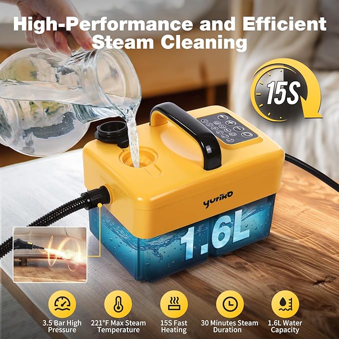Handheld Steam Cleaner for Home, 6-Level Adjustable, 15s Heat-Up, One Touch Flush Mode, 3.5 Bar High Pressure, Auto Shut-Off, 1500W Portable Steamer for Carpets Floor Car Furniture Couch Tile