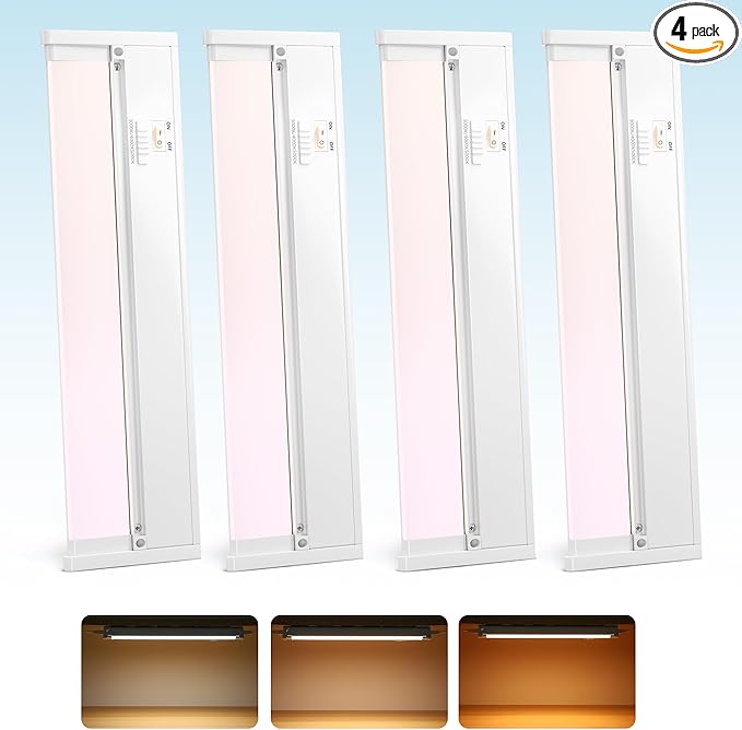 Snyloe 4 Pack 12" Under Cabinet Lighting for Kitchen, 8W 600LM, 3 Color Temperatures (3000K/4000K/5000K), Hardwired or Plug-in, 45° Rotatable Design, Linkable Up to 15 Units, YT-4208-10-4