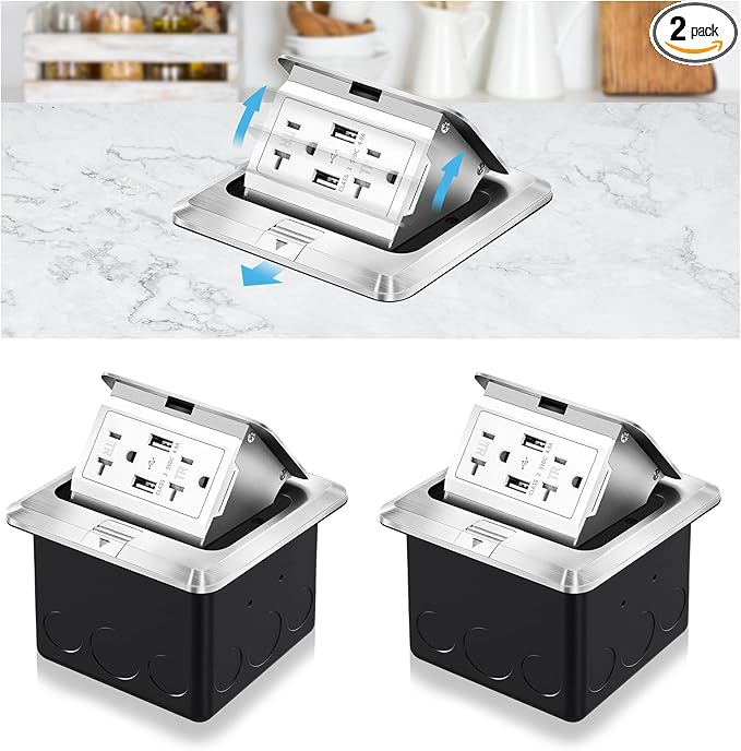 Vagueior Recessed Floor Electrical Outlet Kit,Waterproof Electrical Outlet Covcer Box,Hidden 4.8A USB+20A Tamper-Resistant Receptacle Outlet with Slow Elastic Damping ，ETL Certified,Silver (2 Pack)