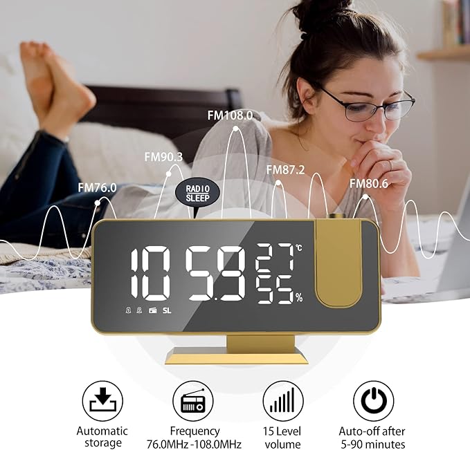 Mightree Projection Alarm Clock for Bedroom, Digital Alarm Clock with USB Charger, 7.4" Large LED Mirror Display Radio Alarm Clock, Dual Smart Alarm with Projection on Ceiling, Rich Gold