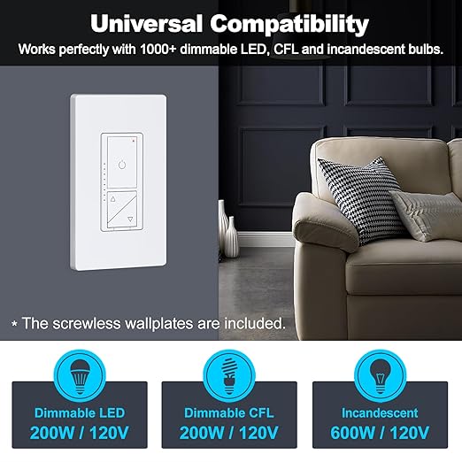 BESTTEN 10 Pack Super Slim Digital Dimmer with Air Gap Power Cut Off Switch, Single Pole or 3 Way Dimmable Light Dimmer Switch, 3 Button Control, Screwless Wallplate Included, ETL Listed, White