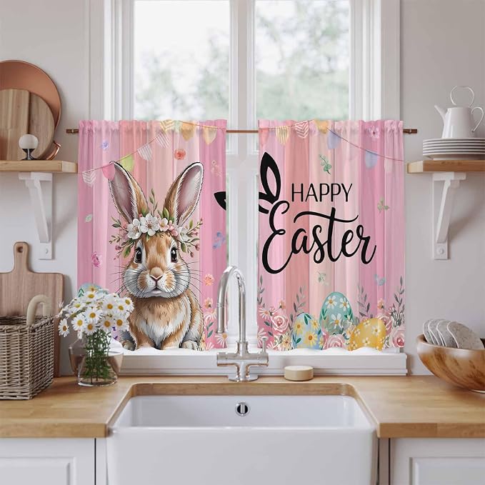 Easter Kitchen Curtains, Spring Rabbit Eggs Flowers Flags Leaves Wood Grain by Unknown
