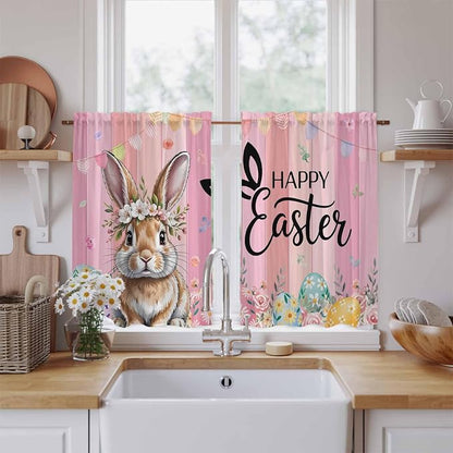 Easter Kitchen Curtains, Spring Rabbit Eggs Flowers Flags Leaves Wood Grain by Unknown