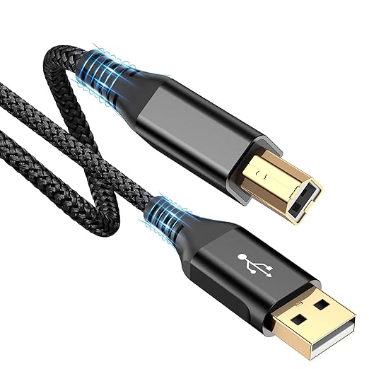sweguard 20ft USB 2.0 USB-A to USB-B Cable - High Speed Nylon Braided Scanner/Printer Cord for HP, Canon, Dell, Epson, Brother, Lexmark, Xerox, Samsung & More - Black