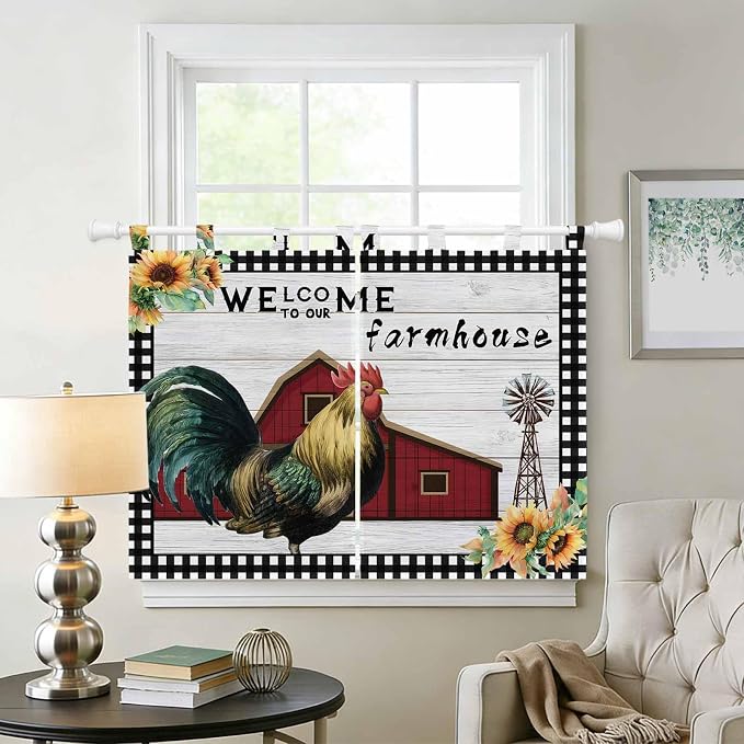 Farmhouse Rooster Bedroom Curtains 63 Inch Length, Window Curtains Tab Top - Image 2
