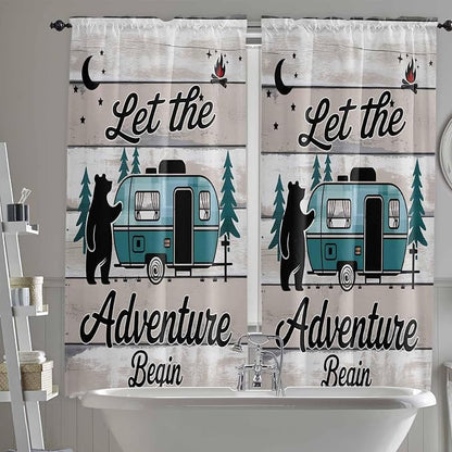 Farmhouse Bear Camper Van Tree Window Valance Curtains, Vintage Wood Grain by IDOWMAT