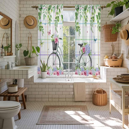Spring Kitchen Curtains, Bicycles Botanical Leaves Rose Colorful Stripes Light - Image 5