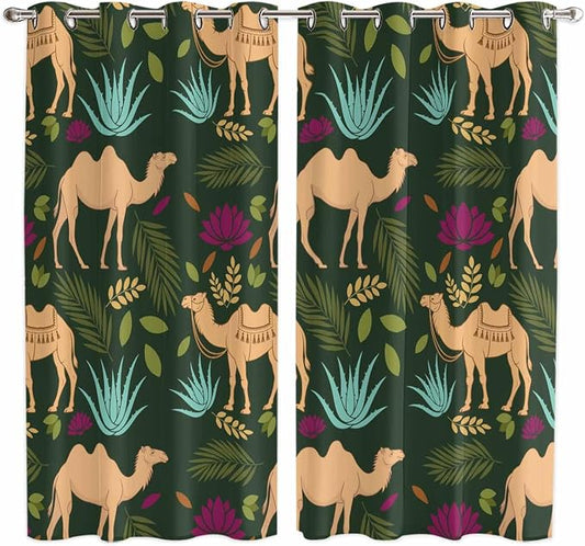 2 Panel Kitchen Cafe Curtains, Retro Desert Camel Sunlight Filtering Nature Air by Hokiten