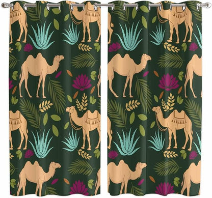2 Panel Kitchen Cafe Curtains, Retro Desert Camel Sunlight Filtering Nature Air by Hokiten