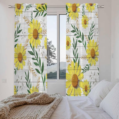 Yellow Daisy Kitchen Curtains, Farmhouse Country Flower Leaf Plant Wood Grain - Image 4