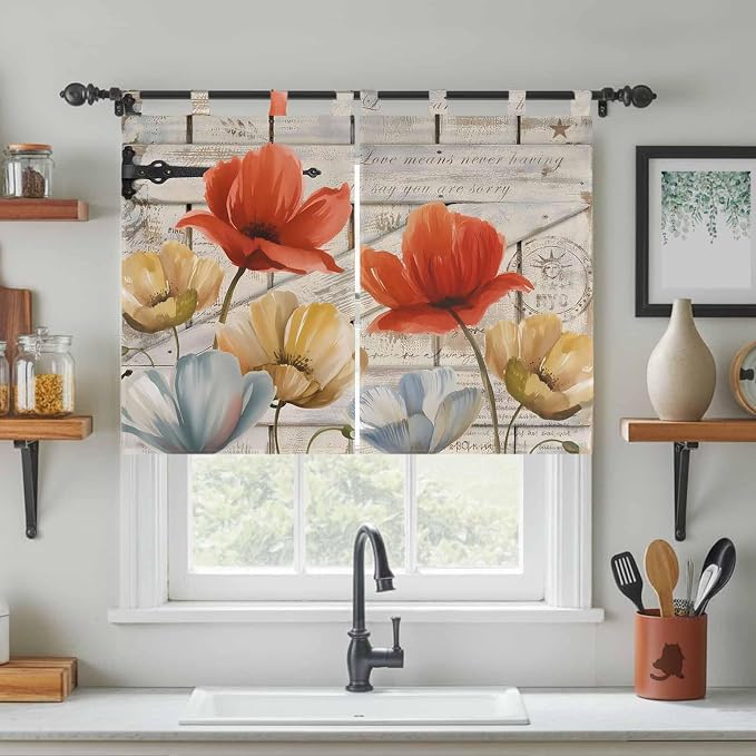 Retro Floral Kitchen Curtains 45 Inch Length, Short Cafe Window Curtains Tab Top - Image 3