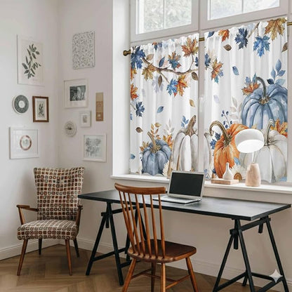 Navy Blue Pumpkin Fall Kitchen Tier Curtains 45 Inch Long 2 Panel Set, Rod - Image 6
