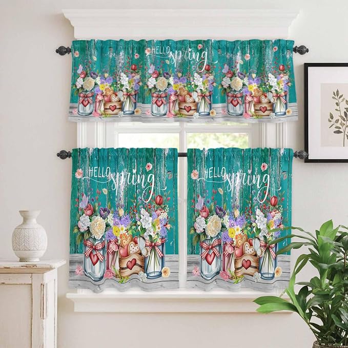 Kitchen Curtains Tiers and Valance Set of 3, Spring Flowers Light Filtering - Image 2