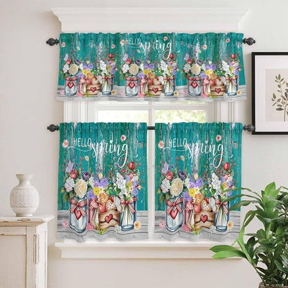 Kitchen Curtains Tiers and Valance Set of 3, Spring Flowers Light Filtering - Image 2