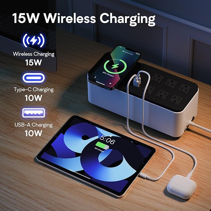 GOLDENMATE 600VA/360W Lithium UPS Battery Backup and Surge Protector, Backup Battery Power Supply with LiFePO4 Batteries(76.8 Wh), 6 Outlets, 2 USB Charger Ports, Wireless Charging, Compact Design