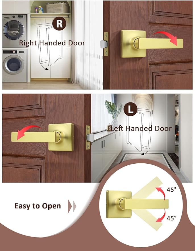 Mengico 8 Pack Passage Door Levers Gold Finish, No-Locking Keyless Square Door Knob, Interior Door Handles for Closet and Hallway, Reversible for Left & Right Handed