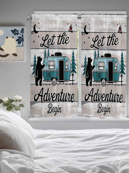 Farmhouse Bear Camper Van Tree Window Valance Curtains, Vintage Wood Grain - Image 4