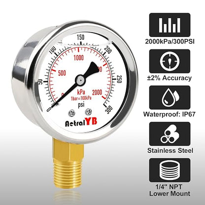 0-300 PSI Heavy-Duty Pressure Gauge, Glycerin-Filled, Stainless Steel, 1/4" NPT - Image 2