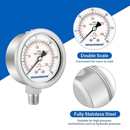 MEASUREMAN Fully Stainless Steel Hydraulic Glycerin Filled Pressure Gauge - Image 4