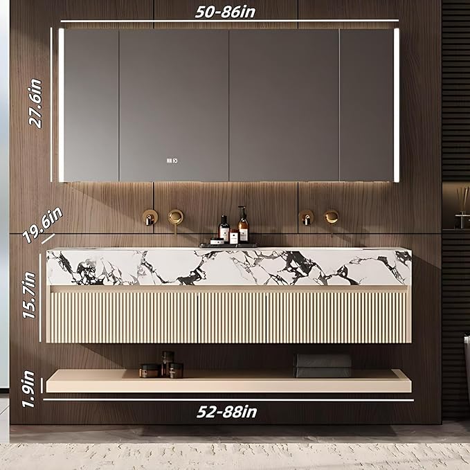 Fashionable Bathroom Vanity with Sink, Smart One-Click Defogging & LED Light, Bathroom Sink and Cabinet with Wave Striped Panel, Rockslab Countertop (Mirror Cabinet, 80IN)