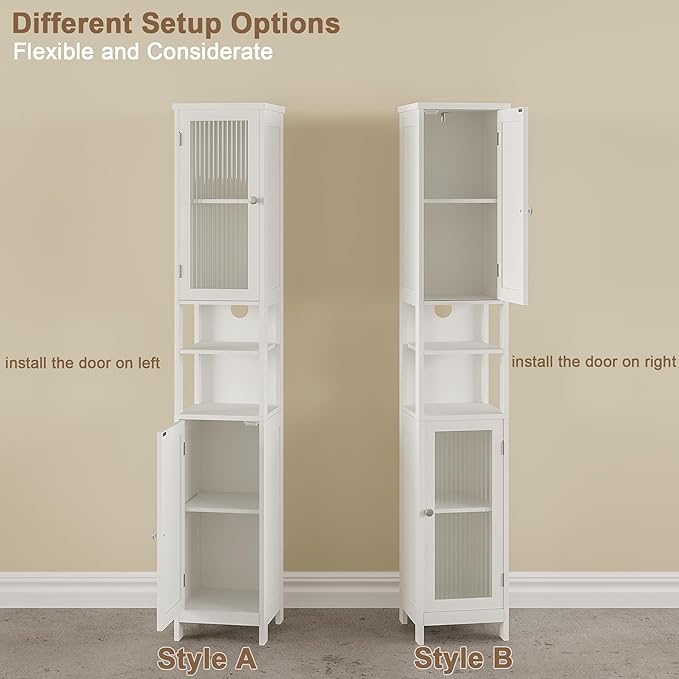 ChooChoo Tall Bathroom Storage Cabinet with Light, 5-Tier Narrow Bathroom Cabinet with 2 Doors, Slim Storage Linen Cabinet Freestanding with Adjustable Shelves for Space Saving, White