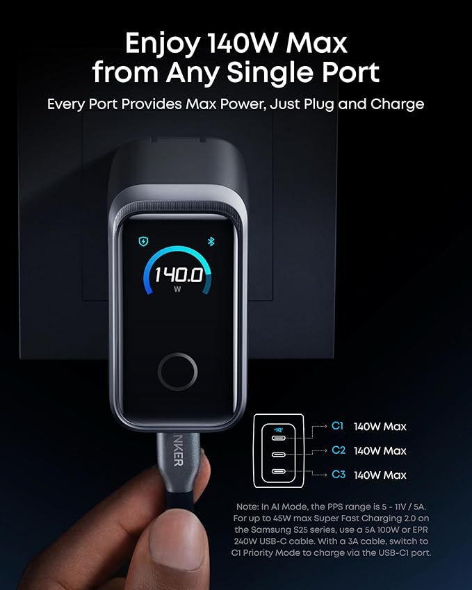 Anker Prime Charger, 160W 3-Port Compact GaN USB C Charger Block, Smart Display and Touch Control, 140W Max Charging via Any Single Port, for MacBook Pro/Air, Laptop, iPhone 17/16 Series(Non-Battery)