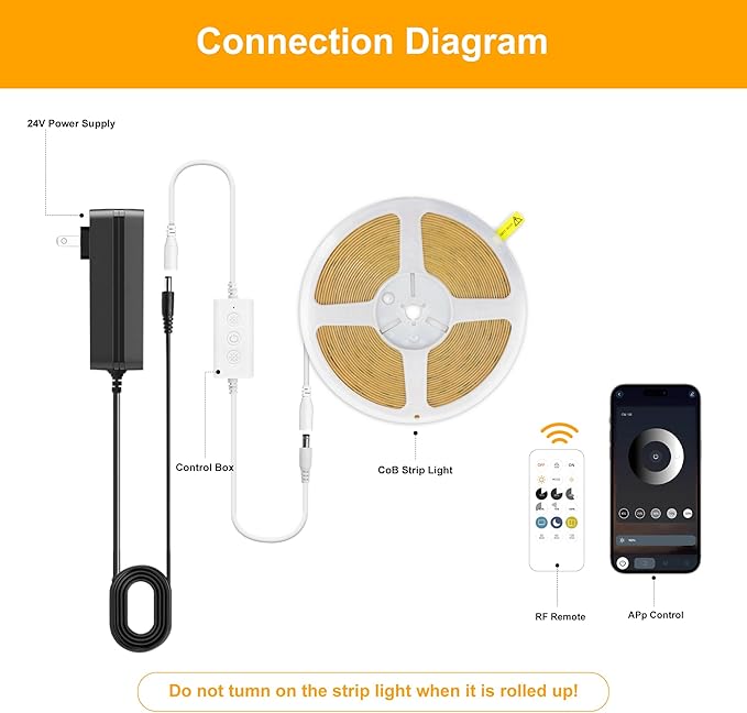 Pandery COB LED Strip Lights Warm White,24V Dimmable led Light Strip KIT with Remote and app Control,2700K 25FT/7.5m 8mm Wide Ra>90 Cuttable Flexible Strip Lights for Bedroom,Wardrobe,Cabinet