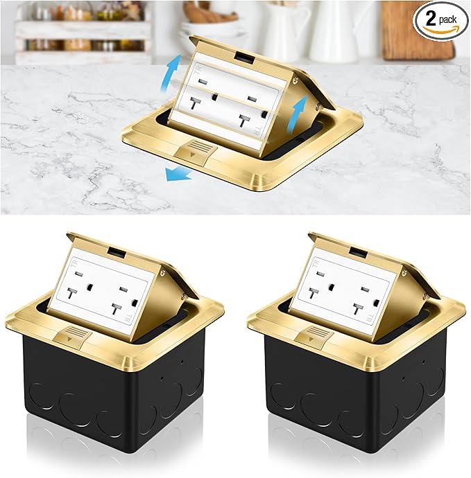 Vagueior Pop Up Floor Electrical Outlet Stainless Steel Box Kit, 20A TR Receptacle Outlet，Tamper-Resistant Receptacle Outlet, ETL Certified,Gold(2 Pack)