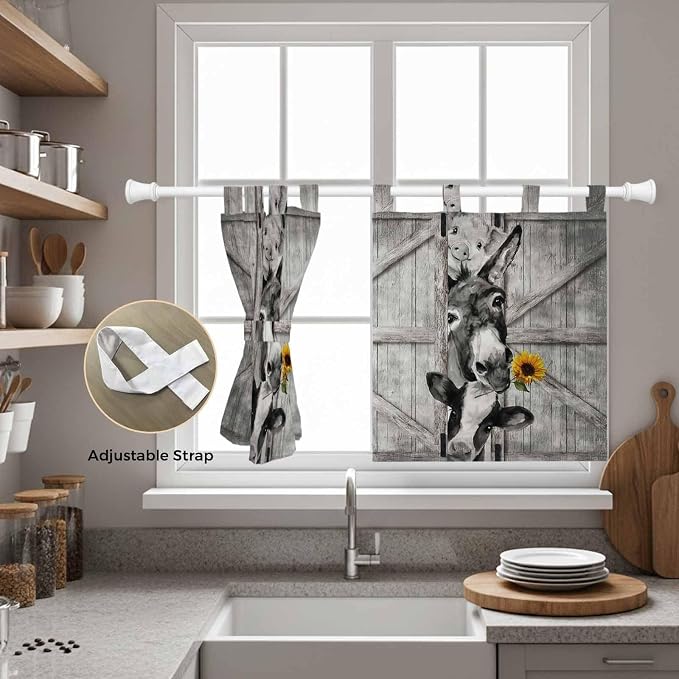 Funny Farm Animals Kitchen Curtains 36 Inch Length, Small Window Curtains Tab - Image 5