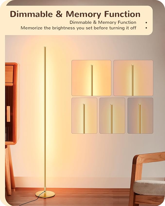 EDISHINE LED Corner Floor Lamp, Set of 2 Minimalist Dimmable Light with Remote, 57.5" Tall Standing Lamp for Living Room, Bedroom, Home Office, 7 Color Temperature 2700-6000K (Gold)