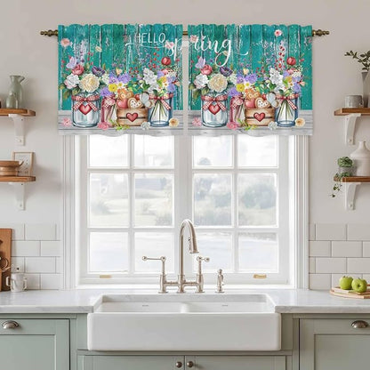 Spring Flowers Tier Curtains, Farmhouse Watercolor Teal Wood Grain Light - Image 2
