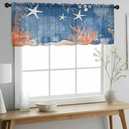 Ocean Corals Sheer Valance Curtains, Summer Beach Coral Sea Stars Dark Blue - Image 3